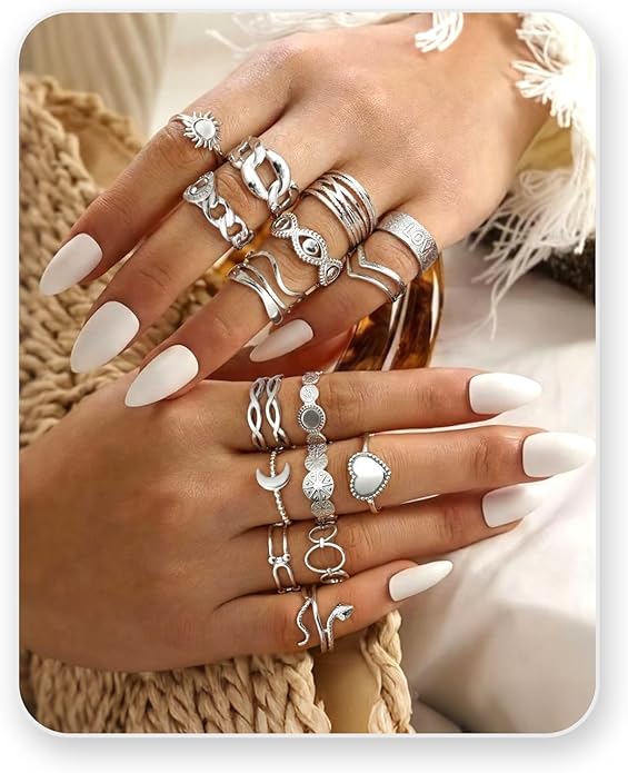 LOLIAS 16Pcs Stackable Stainless Steel Rings for Women Chunky Silver Rings Non Tarnish Ring Open Adjustable Thumb Finger Statement Ring Set