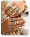 LOLIAS 16Pcs Stackable Stainless Steel Rings for Women Chunky Silver Rings Non Tarnish Ring Open Adjustable Thumb Finger Statement Ring Set