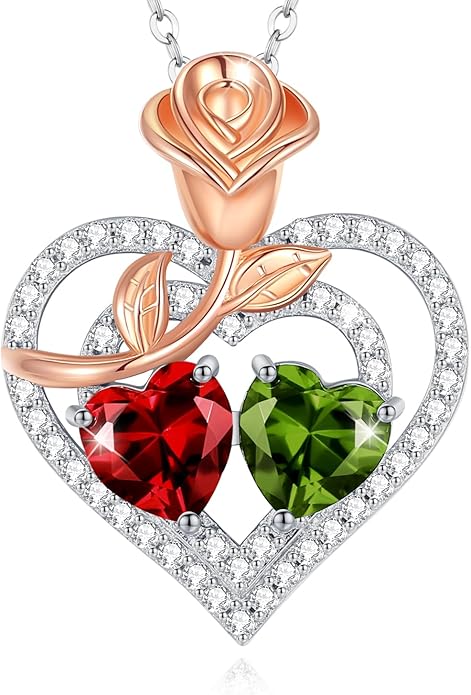 AGVANA Valentines Day Gifts Birthstone Necklace for Women Sterling Silver Rose Flower Heart Double Birthstone Jewelry Pendant Necklace Anniversary Birthday Gifts for Women Mom Wife Girlfriend Her