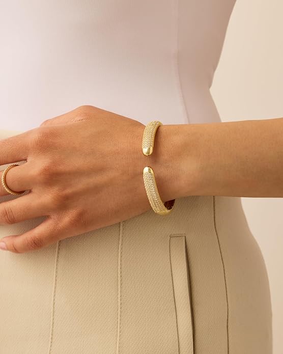 PAVOI 14k Gold Plated Cuff Bracelets | CZ Cuff Gold Bracelets for Women with Premium Pave Setting | Waterproof Hypoallergenic Jewelry | Trendy Elegant Style | 7-Inch Bangle Design
