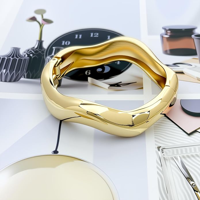 3 Pcs Gold Bangle Bracelets for Women Trendy Chunky Cuff Bracelet Silver Irregular Statement Stackable Bangle Bracelet Minimalist Cuff Jewelry for Women Gifts