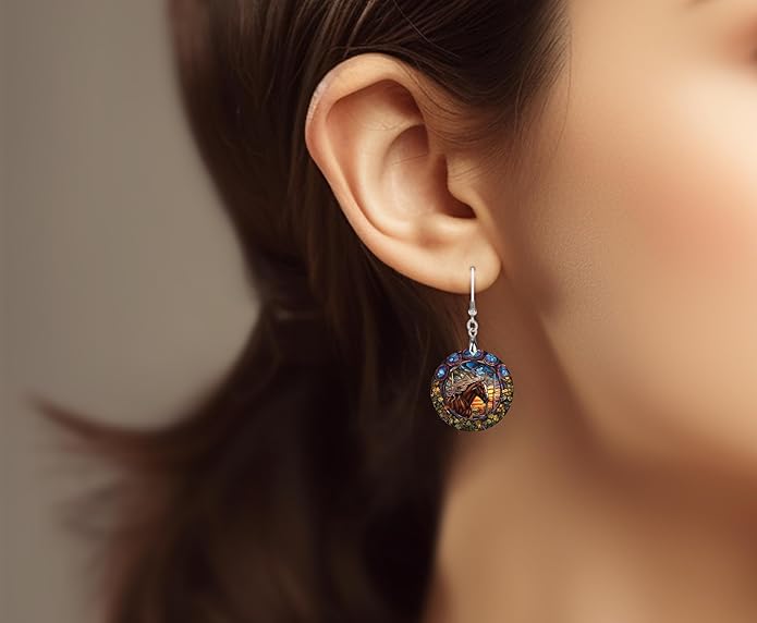 Round Wood Earrings Light Weight Printed Image Dangle Jewelry