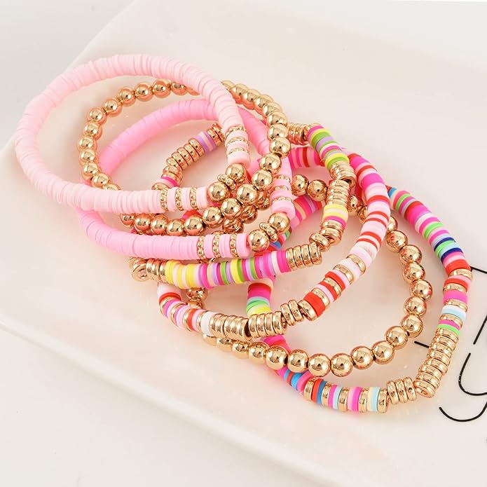 GOOJIDS Surfer Heishi Clay Bead Bracelets for Women Bohemian Stackable Gold Plated Beaded Stretch Bracelets Elastic Layering Friendship Bracelets Set Boho Jewelry