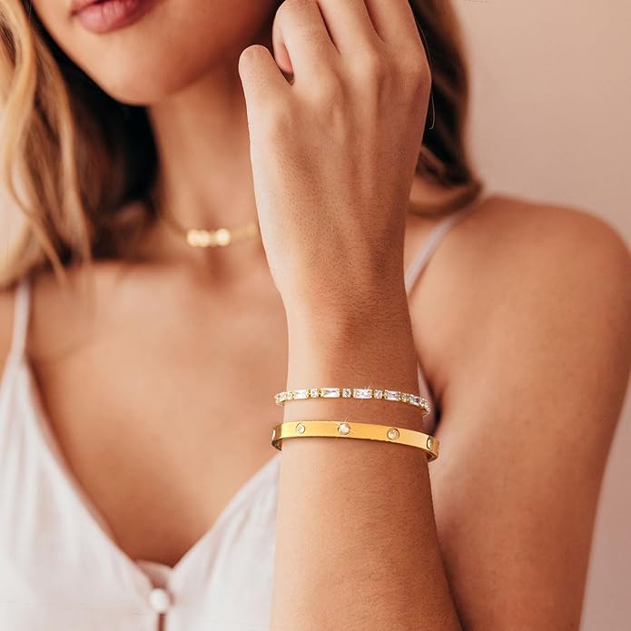 Stackable Gold Bracelets for Women - 2Pcs 18K Gold Plated Cubic Zirconia Bangle Bracelet Friendship Tennis Bracelet Stack Jewelry,Party Christmas Birthday Gifts for Her Girlfriend Sister Wife Daughter