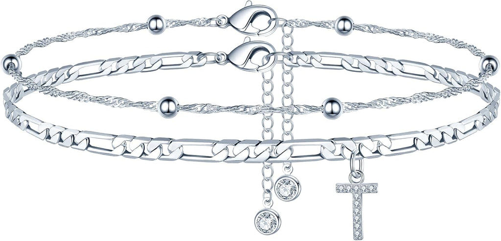 Ursteel Ankle Bracelets for Women, 14K Gold Plated Dainty Layered Chain CZ Initial Anklets Summer Jewelry Gifts for Women