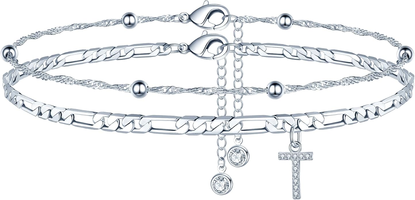 Ursteel Ankle Bracelets for Women, 14K Gold Plated Dainty Layered Chain CZ Initial Anklets Summer Jewelry Gifts for Women