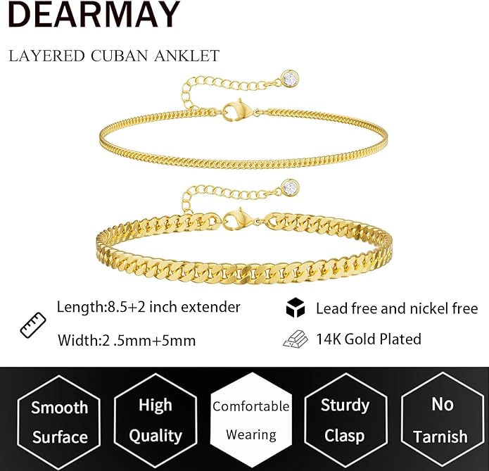 DEARMAY Dainty 14K Gold Plated Ankle Bracelets for Women, Waterproof 14K Gold Plated Link Chain Anklets Non Tarnish Set Pack Summer Beach Jewelry Gift