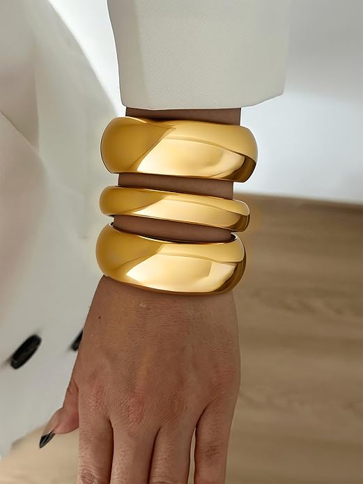 3Pcs Chunky Gold Bangles Bracelets for Women, Spring Hinged Big Stackable Bangles Set, Trendy Cuff Bracelet Stack Fashion Jewelry Gifts