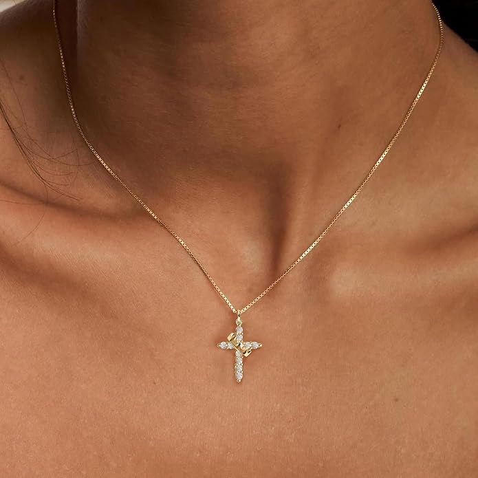 Crown Cross Necklace for Women, 14K Gold Silver Cubic Zirconia Crown Cross Necklace, Diamond Gold Silver Cross Necklaces, Dainty Cross Faith Simple Trendy Charm Jewelry Gift for Women
