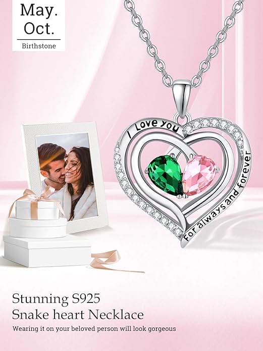 Valentine's Day Gifts for Wife 925 Sterling Silver Double Birthstone Pendant Necklaces I Love You for Always and Forever Necklace Anniversary Birthday Gifts for Wife Girlfriend Mom Her