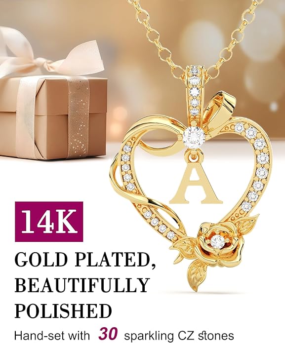 Initial Heart Necklace Gift for Women – 14K Gold Plated Rose Pendant, Personalized Letter Jewelry for Wife, Mom, Grandma, Sister – Birthday, Anniversary for Her