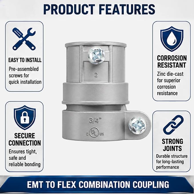3/4" Squeeze EMT to Flex Coupling, UL Listed, 20 Pack | Zinc Die-Cast Body - Image 3
