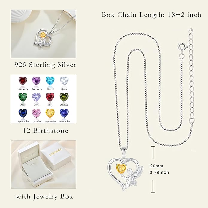 Guardian Angel Necklace 925 Sterling Silver Heart Angel Wings Pendant Birthstone Jewelry for Women