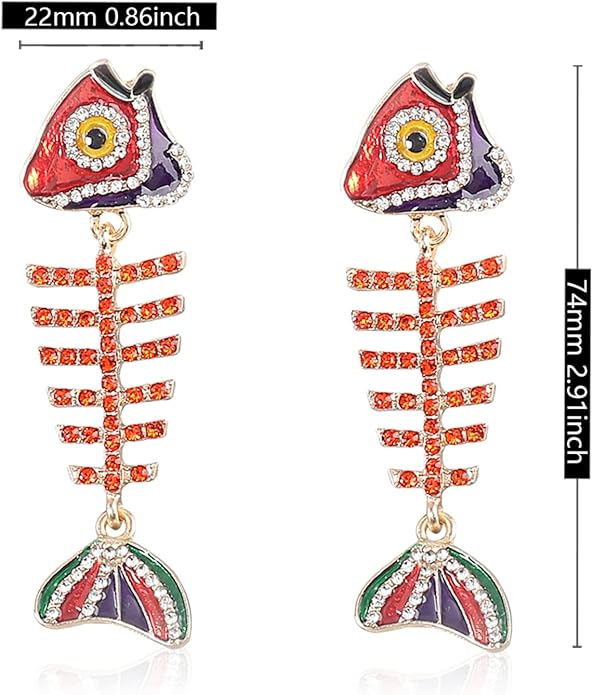 Creative Exaggerated Long Colorful Sparkly Crystal Fish Bone Dangle Drop Earrings Vintage Gold Cute Enamel Diamond Animal metal Stud Earrings