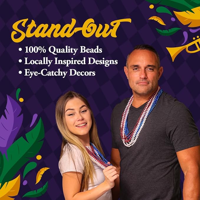THE MARDI GRAS KREWE - Beads Necklaces Mardi Gras 72 Pack, 6 Dozen 33" 7mm - Party Favors, Parades, Bulk Decorations, Costumes, Festivals, Events - Red White Blue