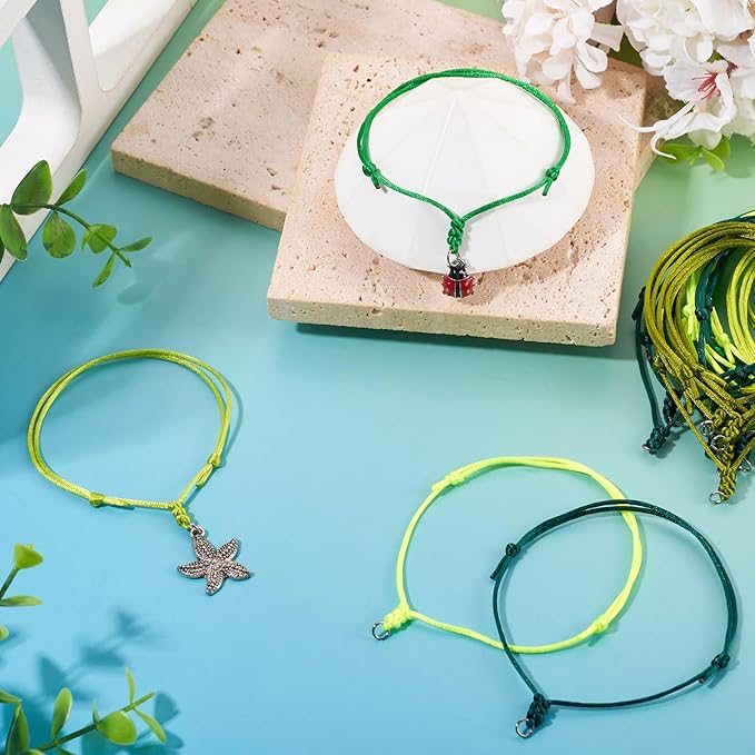 50Pcs Adjustable Braided Cord Colorful Waxed Thread Half Finished Bracelet with Jump Rings Knotting Bracelet Ropes for Wrist DIY Women Jewelry Friendship Bangle Decor 2-3/8 Inch Long-Green