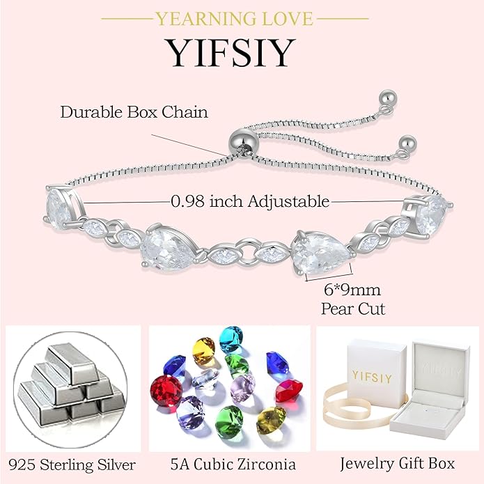 Teardrop Birthstone Bracelet for Women, S925 Sterling Silver Pear Cut Cubic Zirconia Bracelet Dainty Adjustable Chain Jewelry Gift for Her