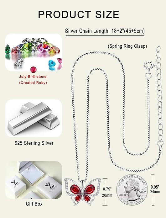 YL Women's Butterfly Necklace 925 Sterling Silver Flower Rose Pendant Birthstone Halo Jewelry