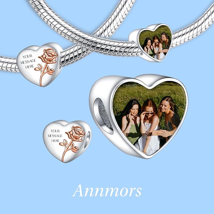 Annmors Personalized Photo Charm for Bracelet Necklaces,925 Sterling Silver Charm Love Heart Shaped Engraved Customize Picture Gift for Birthday Mother's Day Christmas,Bead Charms Jewelry for Women