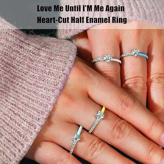 Love Me Until I'M Me Again Black Heart-Cut Half Enamel Ring, Black Heart Self-Love Ring, Jewelry Birthday Gifts for Women, Daughter, Wife, Friends