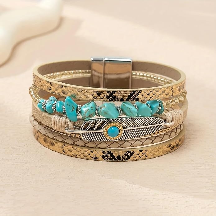 Fesciory Leopard Bracelet for Women, Boho Leather Wrap Multi-Layer Pearl Crystal Bracelet Bangle Jewelry