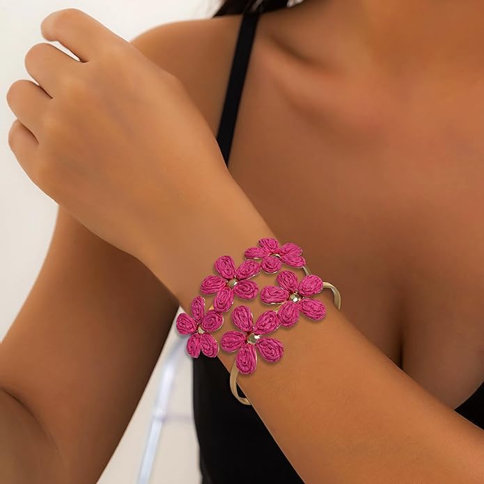 Raffia Flower Cuff Bangle Bracelet for Women, Adjustable Boho Floral Wide Open Bangle for Summer Beach, Handmade Trendy Rattan Jewelry