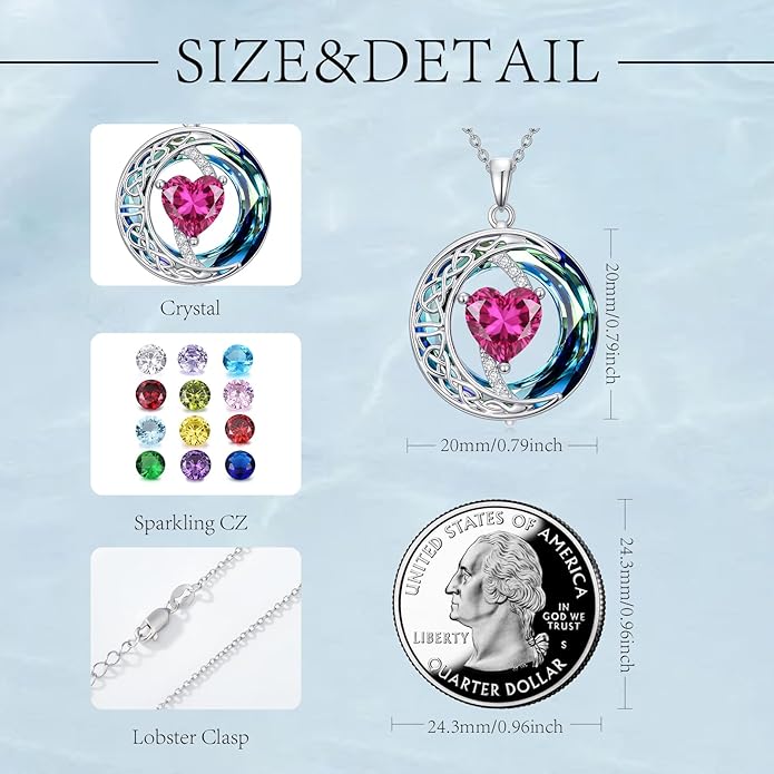 Valentines Day Gifts for Women, Birthstone Necklace for Women, Celtic Moon Pendant Blue Crystal Necklace Heart Jewelry Anniversary Jewelry Gift for Daughter Wife Mother Sister