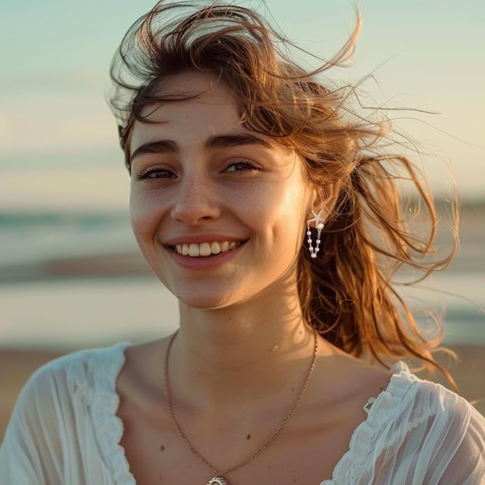 Seashell Starfish Earrings Beach Jewelry for Women Pearl Drop Shell Earrings Ocean Beachy Fashion Accessories Womens Summer Outfits 2026 Tropical Vacation Outfits Beach Vacation Clothes Dresses