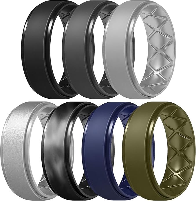 Egnaro Men's Rings 8.5mm Wide-2mm Thick Inner Arc Ergonomic Breathable Rubber Wedding bands-Hypoallergenic for Gym/Outdoor/Gift((1-7 Variety Pack with Half Size)