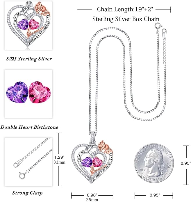 Iefil Valentines Day Gifts for Her Wife - 925 Sterling Silver Double Birthstone Necklace, Anniversary Birthday Gifts for Women, Jewelry Gift for Wife Girlfriend Mom Her