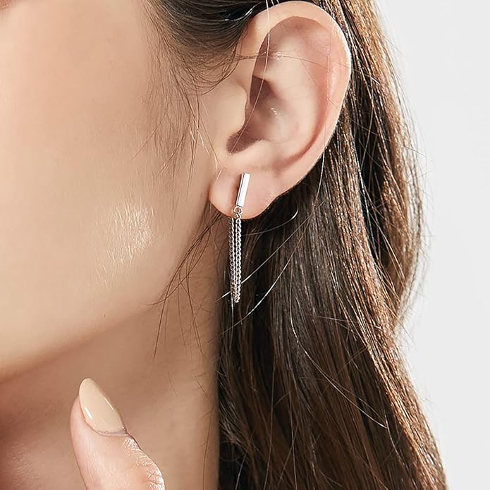 Reffeer Solid 925 Sterling Silver Stud Earrings Minimalist Bar Earrings with Chain Dangle Earrings For Women