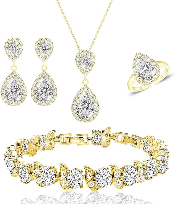 LMXXVJ Teardrop Jewelry Set for Women，Necklace Earrings Adjustable Ring Bracelet Set Fashion Formal Platinum/Gold/Rose Gold Jewelry Gift Girl/Mom/Wife/Grandmother/Best Friend/Aunt