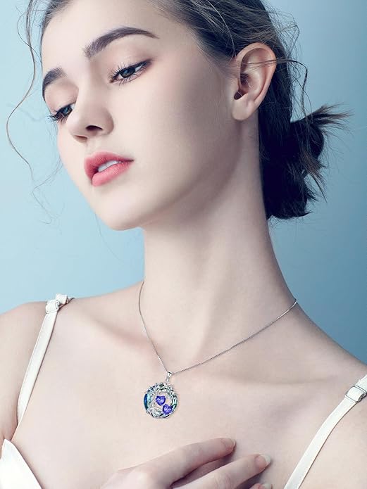 TOUPOP s925 Sterling Silver Family Celtic Tree of Life Pendant Necklaces with 2 Heart Birthstone with Blue Austrian Crystal Jewelry Birthday Valentines Day Gifts for Her, Anniversary Christmas Gifts for Wife Girlfriend Mom (18K Real White Gold Filled)