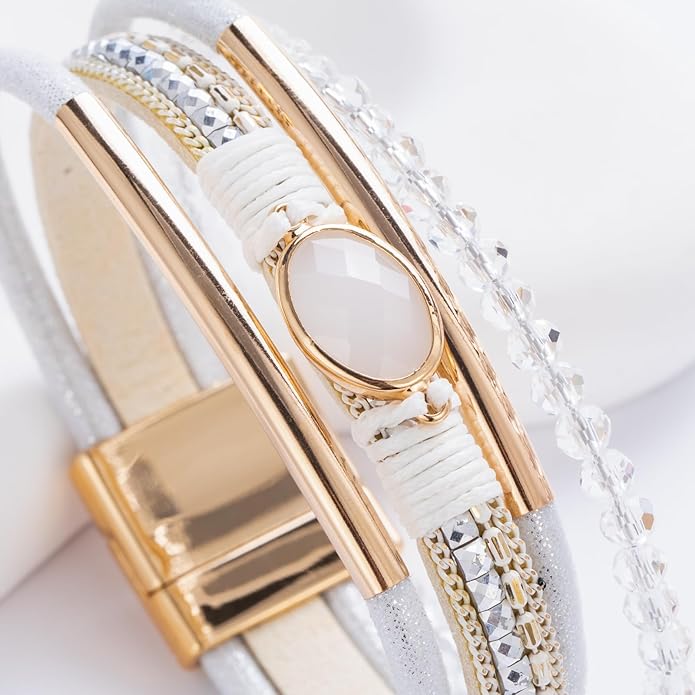 FANCY SHINY Leather Wrap Bracelets Crystal Beads Bracelet Boho Cuff Stone Charm Bracelets with Clasp Costume Jewelry for Women