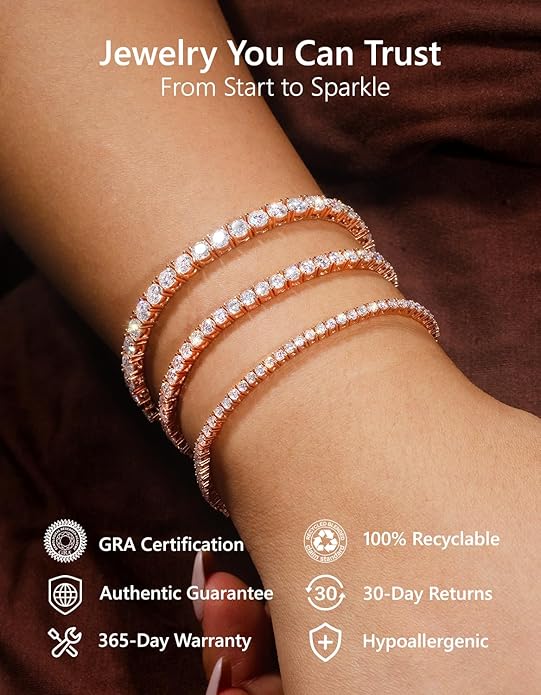 KRKC&CO Moissanite Bolo Tennis Bracelets for Women, 1.6-8.0 ct.tw, Adjustable Length S925 Sterling Silver, Christmas Gifts for Her, Luxury Box, 2/3/4mm D Color VVS1 White/14K/24K/Rose Gold Plated