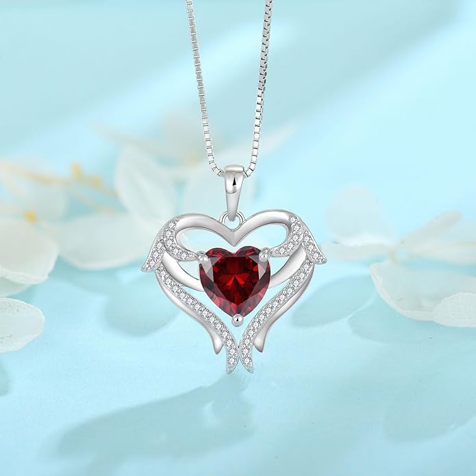 FJ Heart Angel Wings Pendant Necklace 925 Sterling Silver Birthstone Jewelry Gifts for Women