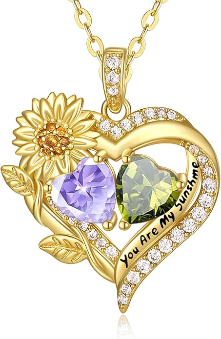 Sunflower Heart Necklace for Women 14K Gold Exquisite Valentines Day Anniversary Birthday Gifts for Wife Mother Her Double Birthstone Pendant Jewelry‘You Are My Sunshine’