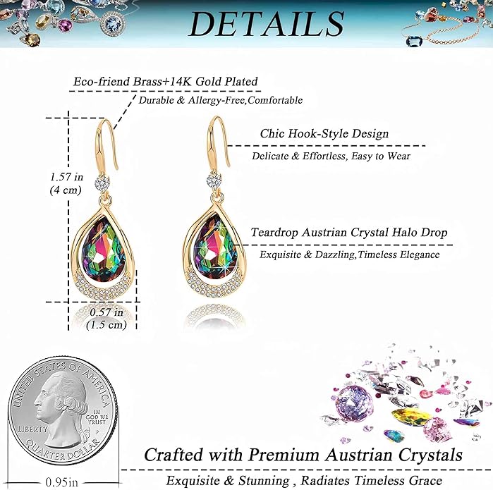 Austrian Crystal Halo Teardrop Hollow Drop Dangle Earrings for Women 14K Rose Gold Plated Hypoallergenic Jewelry Gifts