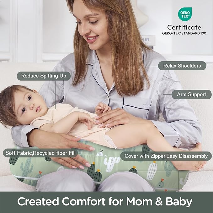 Little Grape Land Nursing Pillow,Upgraded Breast Feeding Pillow for Mom,Breastfeeding & Bottle Feeding for 0–12 Months, Soft Machine Washable Cover with Firm Breathable Filling, Tummy Time,Cactus