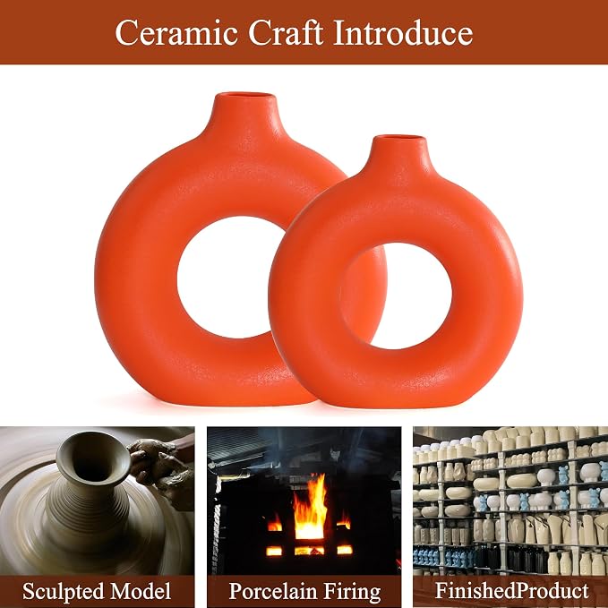 Orange Ceramic Donut Vase Set of 2, Hollow Round Matte Pampas Flower Vases - Image 7