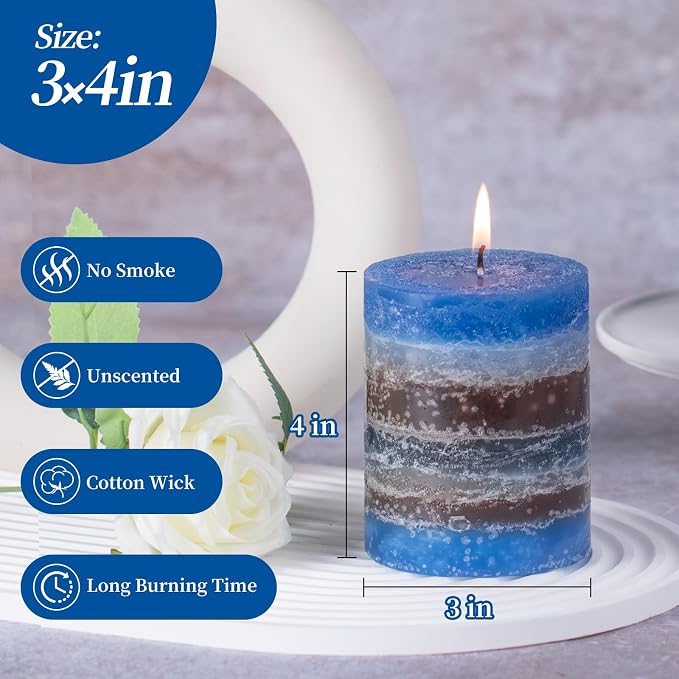 KONNI Layered Pillar Candles Set of 3, 2.8"x 4" Table Decor Blue Coffee | - Image 2