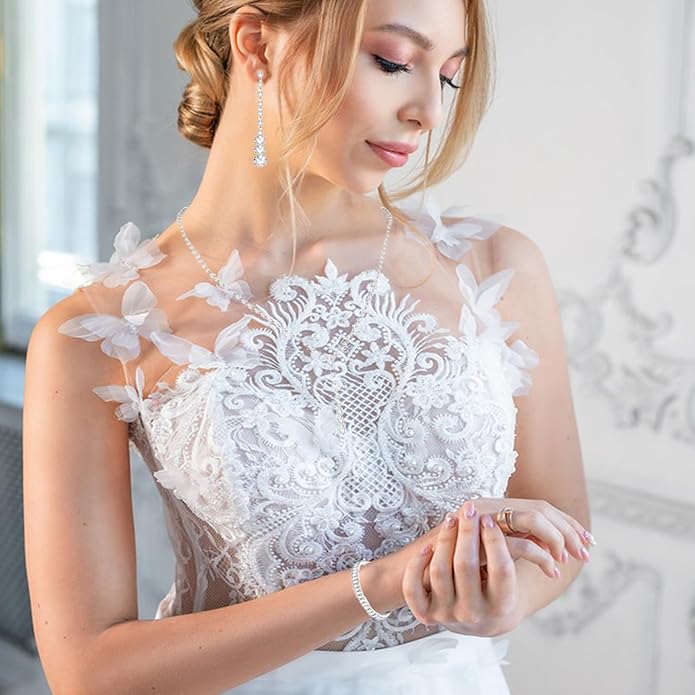 Silver Crystal Bridal Jewelry Set, Teardrop Dangle Earrings Rhinestone Necklace Bracelet for Bride Bridesmaid Crystal Bridal Wedding Party Jewelry Sets