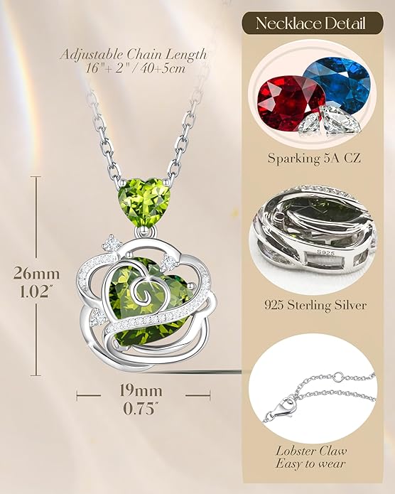 FANCIME Thornless Pulse Heart Birthstone Necklace for Women Sterling Silver Rose Pendant Fine Jewelry Gemstone Birthday Valentines Day Gifts for Wife Her
