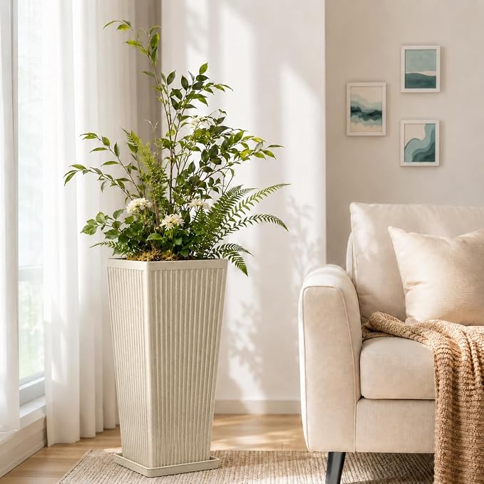 24" Tall Planters for Outdoor Plants Set of 2 Square Fluted, Tall Indoor Flower - Image 7