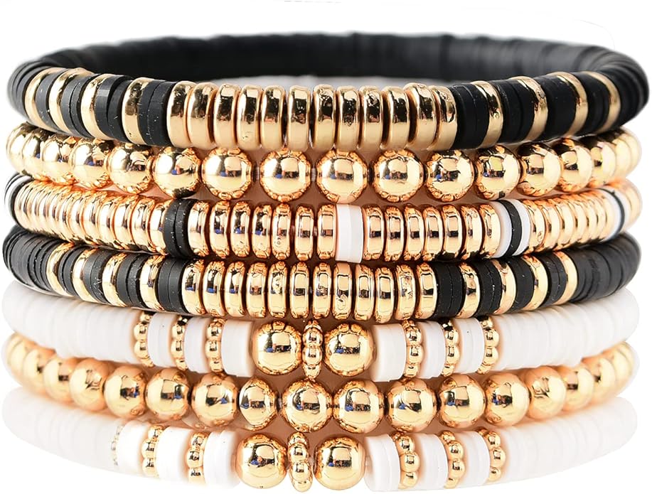 GOOJIDS Surfer Heishi Clay Bead Bracelets for Women Bohemian Stackable Gold Plated Beaded Stretch Bracelets Elastic Layering Friendship Bracelets Set Boho Jewelry