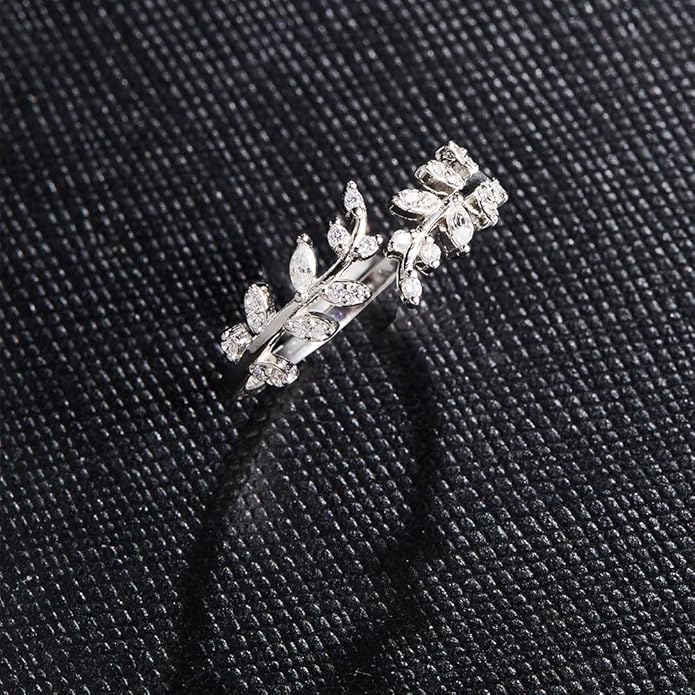 Adjustable S925 Sterling Silver Ring for Women,Branch Leaves Band Stacking Finger Ring,Paved Cubic Zirconia Stone Stackable Open Ring