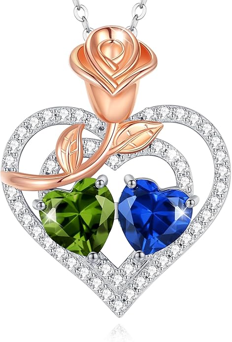 AGVANA Valentines Day Gifts Birthstone Necklace for Women Sterling Silver Rose Flower Heart Double Birthstone Jewelry Pendant Necklace Anniversary Birthday Gifts for Women Mom Wife Girlfriend Her