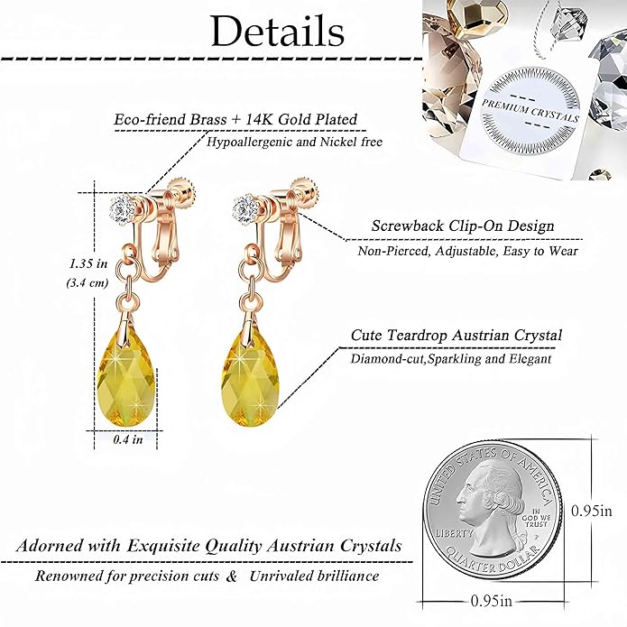 Teardrop Austrian Crystal Drop Clip On Dangle Earrings for Women Non Pierced 14K Rose Gold Plated Hypoallergenic Jewelry