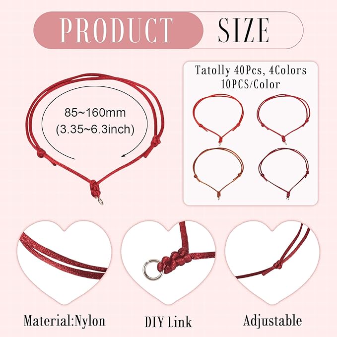 40Pcs Adjustable Braided Cord Colorful Waxed Thread Half Finished Bracelet with Jump Rings Knotting Bracelet Ropes for Wrist DIY Women Jewelry Friendship Bangle Decor 8.5-16cm Long-Red