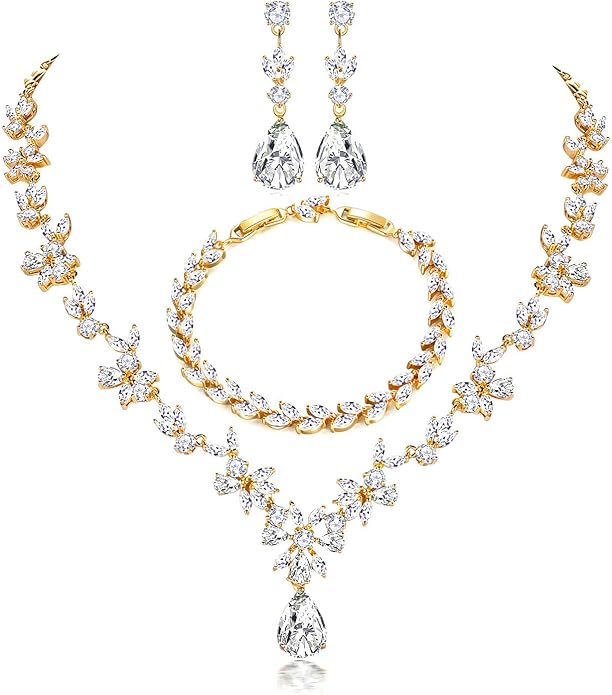 Hadskiss Jewelry Set for Women, Necklace Dangle Earrings Bracelet Set with White AAA Cubic Zirconia, Allergy Free Wedding Party Jewelry for Bridal Bridesmaid